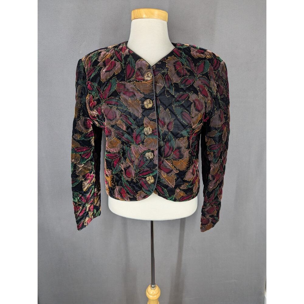 90s Greg Adams Quilted Jacket Blazer Dark Floral Gold Velvet USA Made Size Med